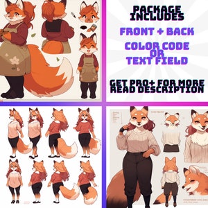 May include: Digital illustration of a red fox character in various poses. The fox is wearing different outfits, including a sweater, a dress, and a shirt. The image includes text that says "PACKAGE INCLUDES FRONT + BACK COLOR CODE OR TEXT FIELD GET PRO+ FOR MORE READ DESCRIPTION".