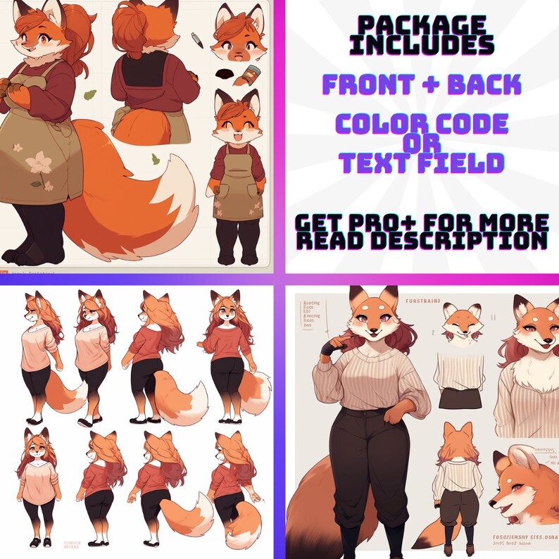 May include: Digital illustration of a red fox character in various poses. The fox is wearing different outfits, including a sweater, a dress, and a shirt. The image includes text that says "PACKAGE INCLUDES FRONT + BACK COLOR CODE OR TEXT FIELD GET PRO+ FOR MORE READ DESCRIPTION".