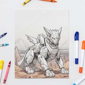 Może przedstawiać: Czarno-biały rysunek liniowy robota-wilka lub -psa o szczeg&oacute;łowym projekcie. Robot stoi na pustynnym krajobrazie z g&oacute;rami w tle. Obrazek jest gotowy do pokolorowania.