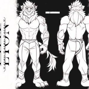 Puede incluir: Ilustraci&oacute;n de l&iacute;nea de un le&oacute;n musculoso con pantalones y cintur&oacute;n. El le&oacute;n se muestra de frente y de espalda.