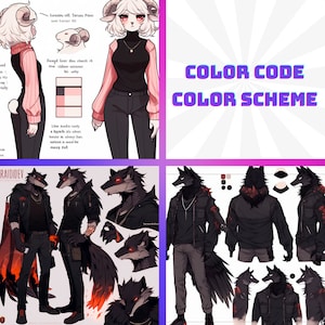 May include: A digital illustration of a color palette with a color code and color scheme. The color palette includes shades of black, red, white, and gray. The illustration also includes a character design of a furry anthro wolf with a black and red color scheme.