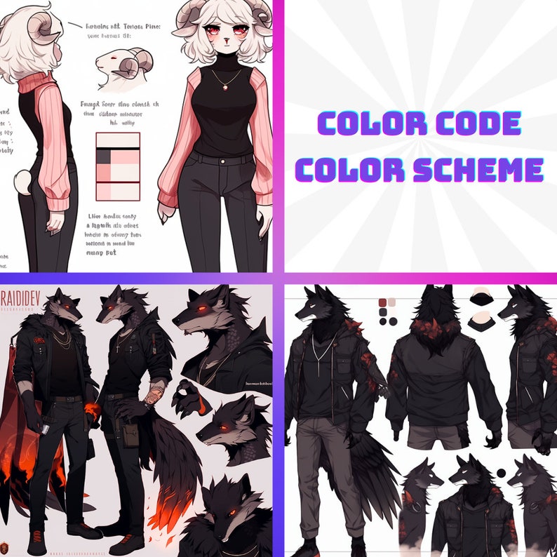 May include: A digital illustration of a color palette with a color code and color scheme. The color palette includes shades of black, red, white, and gray. The illustration also includes a character design of a furry anthro wolf with a black and red color scheme.
