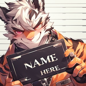 Peut inclure: Une cr&eacute;ature &agrave; fourrure ray&eacute;e de blanc et d'orange avec une queue ray&eacute;e de noir et de blanc, portant une combinaison orange avec une &eacute;tiquette de nom noire qui dit "NAME HERE" et un badge noir qui dit "MERR".