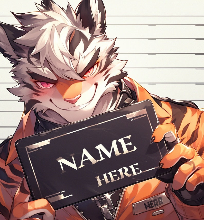 Peut inclure: Une cr&eacute;ature &agrave; fourrure ray&eacute;e de blanc et d'orange avec une queue ray&eacute;e de noir et de blanc, portant une combinaison orange avec une &eacute;tiquette de nom noire qui dit "NAME HERE" et un badge noir qui dit "MERR".