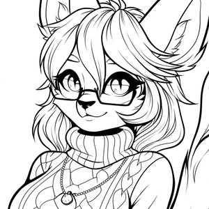 Może przedstawiać: Rysunek liniowy postaci futrzastej w swetrze z golfem i naszyjnikiem z zawieszką. Postać ma długie włosy, okulary i słodki wyraz twarzy.