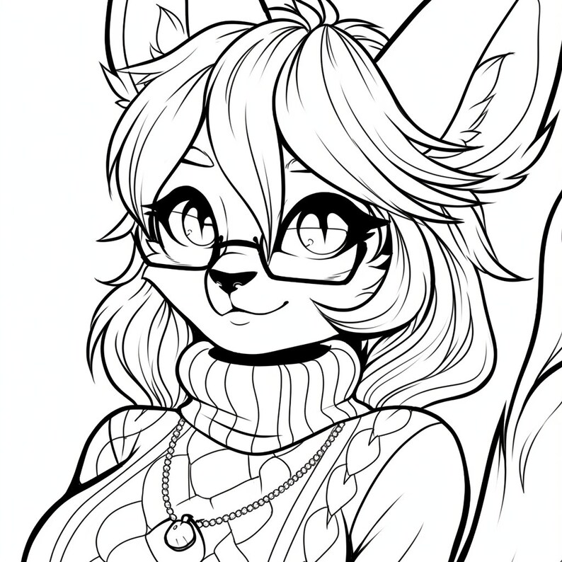 Może przedstawiać: Rysunek liniowy postaci futrzastej w swetrze z golfem i naszyjnikiem z zawieszką. Postać ma długie włosy, okulary i słodki wyraz twarzy.