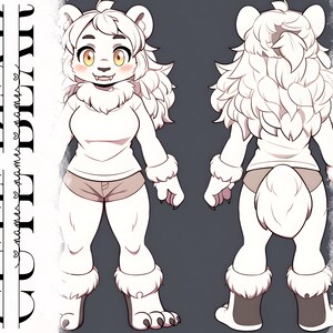 May include: A white polar bear character with a fluffy mane, wearing a white shirt and brown shorts. The character is shown from the front and back, with a friendly expression.