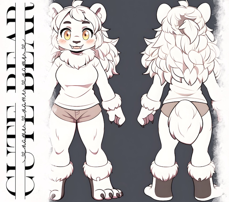 May include: A white polar bear character with a fluffy mane, wearing a white shirt and brown shorts. The character is shown from the front and back, with a friendly expression.