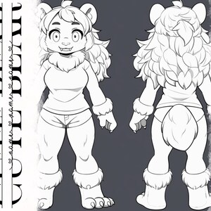 May include: Line art illustration of a furry creature with a long mane, wearing a shirt and shorts. The creature is shown from the front and back.