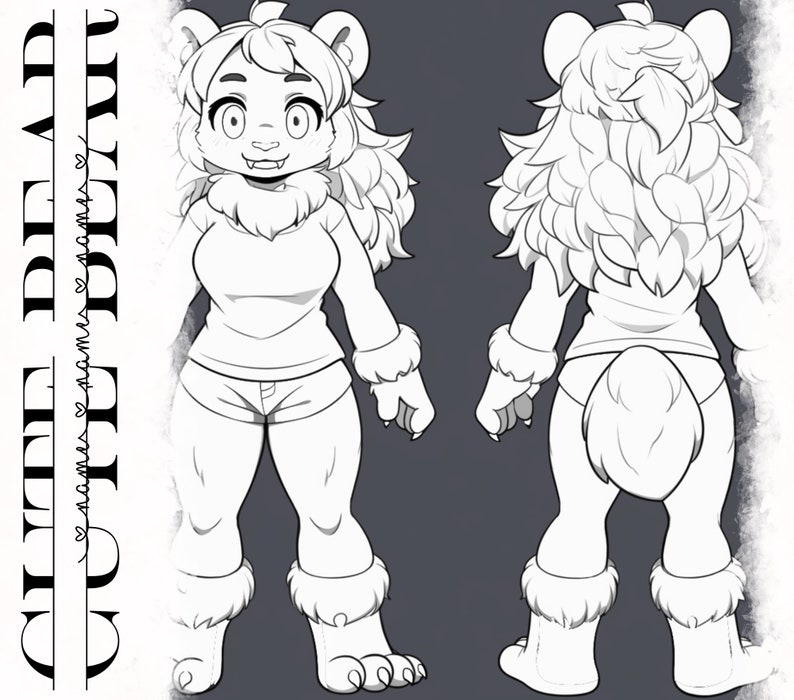 May include: Line art illustration of a furry creature with a long mane, wearing a shirt and shorts. The creature is shown from the front and back.