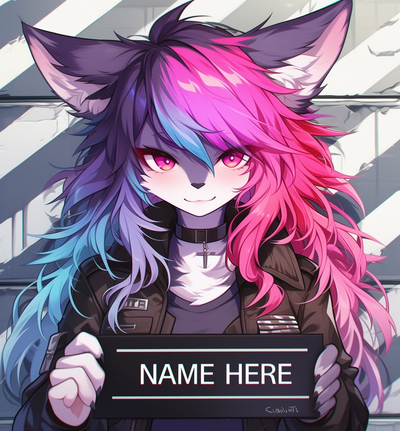 Peut inclure: Un personnage d'anime &agrave; fourrure avec des cheveux bleus et roses, portant une veste en cuir noire et un collier en argent avec un pendentif en forme de croix. Le personnage tient une pancarte qui dit "NAME HERE".