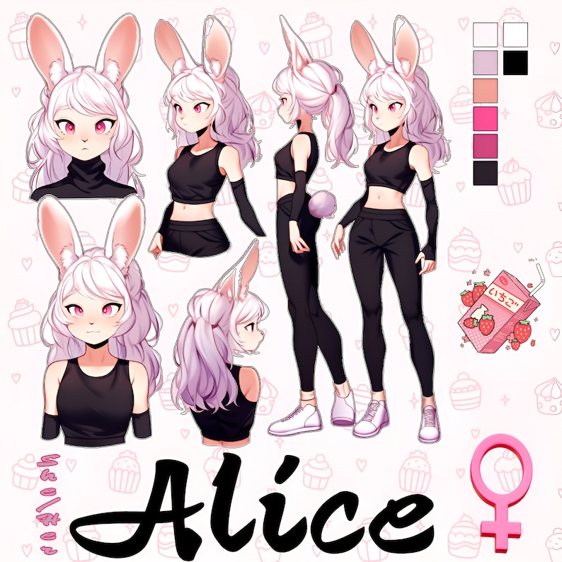 May include: A digital illustration of a white rabbit character named Alice. Alice is wearing a black tank top, black pants, and white sneakers. She has pink eyes and long, white hair with pink highlights. The illustration is set against a pink background with cupcakes and hearts.