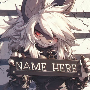 Peut inclure: Un personnage &agrave; fourrure blanche avec des yeux rouges et des dents ac&eacute;r&eacute;es tient une pancarte qui dit "NAME HERE". Le personnage porte un collier noir avec une cha&icirc;ne argent&eacute;e et une chemise noire &agrave; pointes.