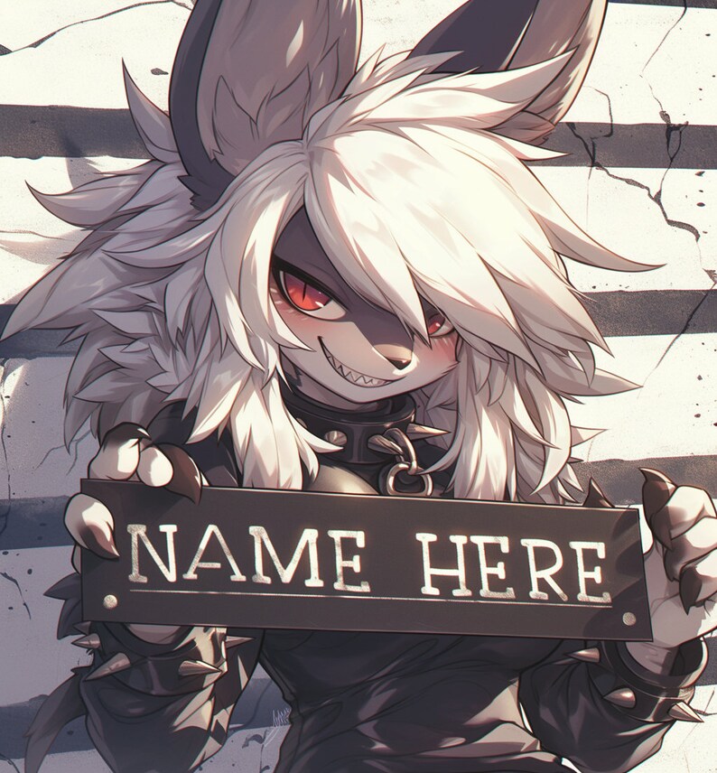 Peut inclure: Un personnage &agrave; fourrure blanche avec des yeux rouges et des dents ac&eacute;r&eacute;es tient une pancarte qui dit "NAME HERE". Le personnage porte un collier noir avec une cha&icirc;ne argent&eacute;e et une chemise noire &agrave; pointes.