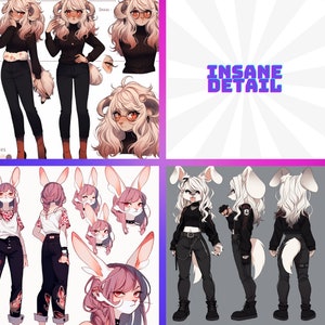 May include: Digital illustration of four different furry characters. The first character is a white sheep with black eyes and black clothing. The second character is a white sheep with pink eyes and black clothing. The third character is a white sheep with pink eyes and a black turtleneck. The fourth character is a white rabbit with pink eyes and black clothing. The characters are all drawn in a cartoon style and have a variety of expressions.