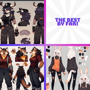 May include: A digital illustration of four different characters. The first character is a woman with cow horns and a black and white outfit. The second character is a woman with cow horns and a red and black plaid shirt. The third character is a woman with rabbit ears and a black and white outfit. The fourth character is a woman with rabbit ears and an orange and white outfit. The text "THE BEST BY FAR!" is in the background.