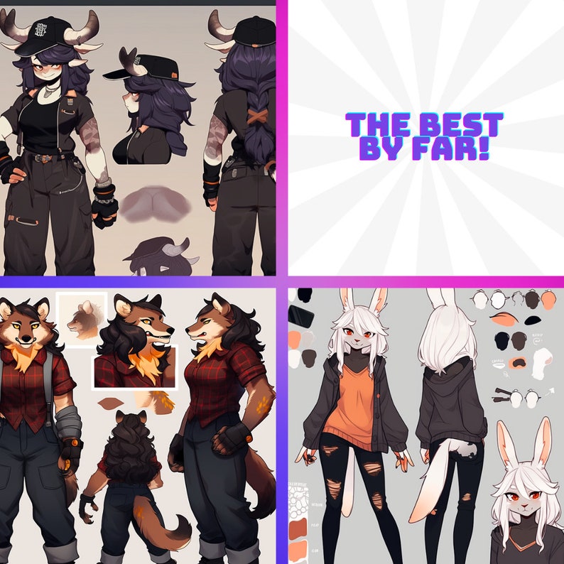May include: A digital illustration of four different characters. The first character is a woman with cow horns and a black and white outfit. The second character is a woman with cow horns and a red and black plaid shirt. The third character is a woman with rabbit ears and a black and white outfit. The fourth character is a woman with rabbit ears and an orange and white outfit. The text "THE BEST BY FAR!" is in the background.