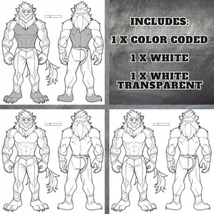 Puede incluir: Una ilustraci&oacute;n digital de un personaje peludo con una melena de le&oacute;n. El personaje se muestra de frente y de espaldas, tanto en color como en blanco y negro. La ilustraci&oacute;n incluye texto que dice "INCLUDES: 1 X COLOR CODED 1 X WHITE 1 X WHITE TRANSPARENT".