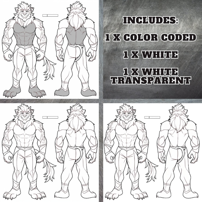 Puede incluir: Una ilustraci&oacute;n digital de un personaje peludo con una melena de le&oacute;n. El personaje se muestra de frente y de espaldas, tanto en color como en blanco y negro. La ilustraci&oacute;n incluye texto que dice "INCLUDES: 1 X COLOR CODED 1 X WHITE 1 X WHITE TRANSPARENT".