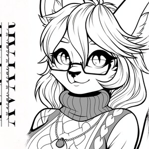 Może przedstawiać: Czarno-biała ilustracja liniowa postaci z futrem, w swetrze z golfem i okularach. Postać ma długie włosy i naszyjnik w kształcie serca.