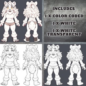 May include: A digital illustration of a white furry character with a white shirt and brown shorts. The character is shown from the front and back. The illustration is available in color, white, and white with a transparent background.
