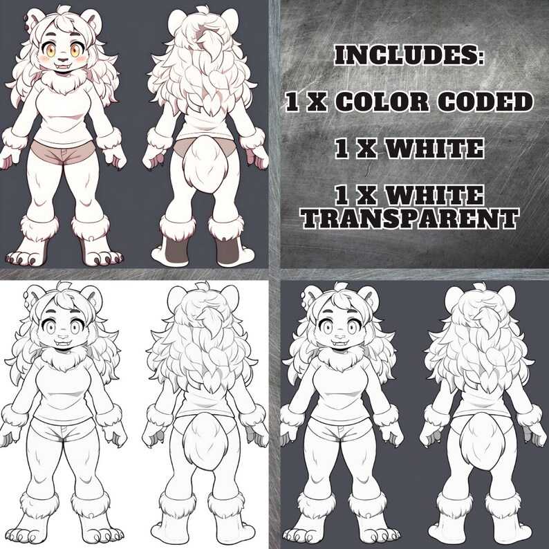 May include: A digital illustration of a white furry character with a white shirt and brown shorts. The character is shown from the front and back. The illustration is available in color, white, and white with a transparent background.