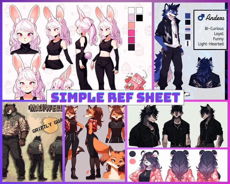 May include: A digital illustration reference sheet featuring various characters. The characters include a bunny, a fox, a wolf, and a bear. The characters are drawn in a cartoon style and are wearing different outfits. The reference sheet includes different poses and expressions for each character.