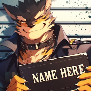 Peut inclure: Un personnage anthropomorphe &agrave; fourrure noire et jaune avec un collier en cuir noir et une pancarte qui dit "NAME HERE" en texte blanc.