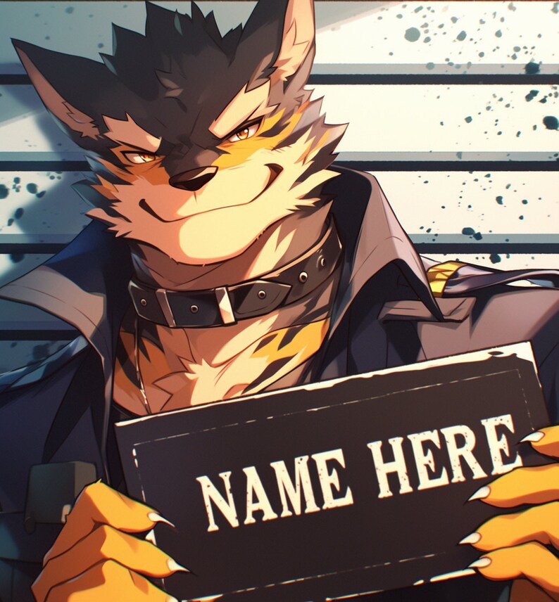 Peut inclure: Un personnage anthropomorphe &agrave; fourrure noire et jaune avec un collier en cuir noir et une pancarte qui dit "NAME HERE" en texte blanc.