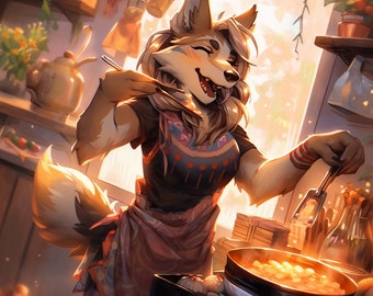Furry Art Print: Fursona Kitchen Scene (Digital Print)