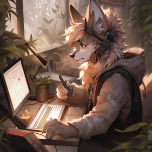 Furry Art Print: Fursona Study Digital Print Furry Art Piece Anthro Home Decor Furry Wall Art Decor for Study Room Computer Homewarming Gift