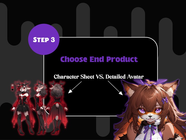 May include: Step 3: Choose End Product. Character Sheet VS. Detailed Avatar. Illustration of a character sheet with three poses of a furry character with red and black clothing and antlers. Illustration of a detailed avatar of a furry character with brown hair, orange fur, and purple accents.