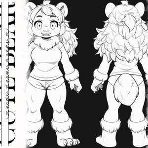 May include: Line art illustration of a furry, white bear character with a long mane. The character is shown from the front and back, wearing a white shirt and shorts.