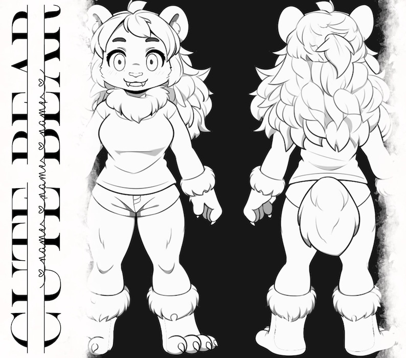 May include: Line art illustration of a furry, white bear character with a long mane. The character is shown from the front and back, wearing a white shirt and shorts.