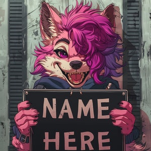 Peut inclure: Une cr&eacute;ature &agrave; fourrure rose et violette portant une veste noire et bleue tient une pancarte qui dit "NAME HERE".