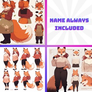 May include: A digital illustration of a red fox character in various poses. The fox is wearing different outfits, including a sweater, a dress, and a shirt. The illustration includes the text "NAME ALWAYS INCLUDED".