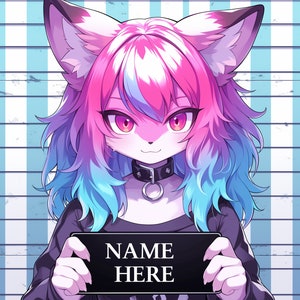 Peut inclure: Un personnage en fourrure rose et bleu avec un collier noir et une pancarte qui dit "NAME HERE" en texte blanc.