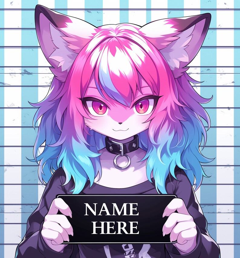 Peut inclure: Un personnage en fourrure rose et bleu avec un collier noir et une pancarte qui dit "NAME HERE" en texte blanc.