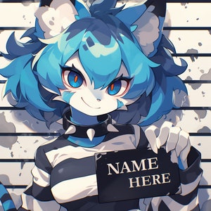 Peut inclure: Une cr&eacute;ature &agrave; fourrure bleue et blanche avec des yeux bleus et un collier noir &agrave; pointes porte une chemise &agrave; rayures noires et blanches. La cr&eacute;ature tient une pancarte noire qui dit "NAME HERE".