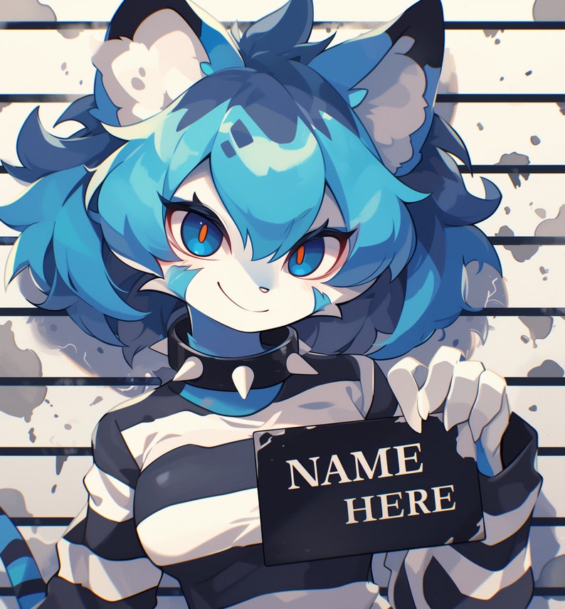 Peut inclure: Une cr&eacute;ature &agrave; fourrure bleue et blanche avec des yeux bleus et un collier noir &agrave; pointes porte une chemise &agrave; rayures noires et blanches. La cr&eacute;ature tient une pancarte noire qui dit "NAME HERE".