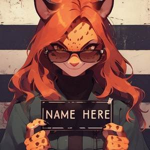 Peut inclure: Un personnage f&eacute;lin aux cheveux roux, avec un visage tachet&eacute; et des lunettes de soleil noires, tient une pancarte sur laquelle est &eacute;crit "NAME HERE". Le personnage porte une veste verte et a une expression s&eacute;rieuse.
