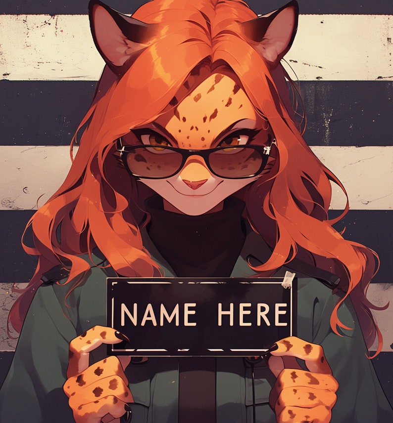 Peut inclure: Un personnage f&eacute;lin aux cheveux roux, avec un visage tachet&eacute; et des lunettes de soleil noires, tient une pancarte sur laquelle est &eacute;crit "NAME HERE". Le personnage porte une veste verte et a une expression s&eacute;rieuse.