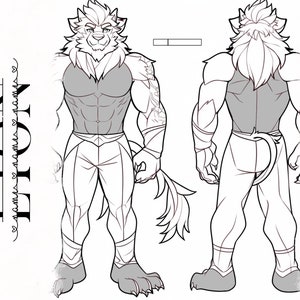 Puede incluir: Ilustraci&oacute;n de l&iacute;nea de un le&oacute;n musculoso con pantalones y una camiseta sin mangas. El le&oacute;n se muestra de frente y de espalda.