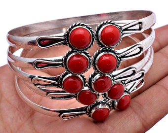 Coral Gemstone Wholesale Bangle Lot, 925 Sterling Silver Bangle Handmade Vintage Bangle - Cocktail Jewelry, Women's Gift Bangle Jewelry