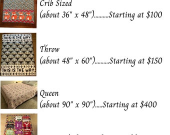 May include: Image of quilts from Pook & Boo. Includes crib, throw, queen, and custom T-shirt quilts. The crib quilt is approximately 36" x 48", the throw is about 48" x 60", and the queen is about 90" x 90". Contact information is provided.