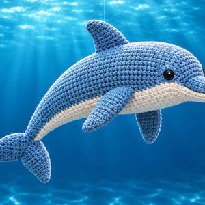 Puede incluir: Un juguete de delfín tejido a ganchillo con el cuerpo superior azul y el vientre de color crema. La figura de peluche tiene una aleta dorsal prominente, dos aletas laterales y una cola ancha. Presenta dos pequeños ojos negros de plástico.