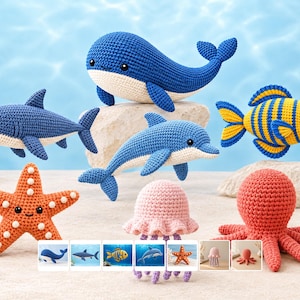 May include: A collection of six crocheted sea creatures including a blue whale, a blue shark, a blue dolphin, a yellow and blue striped fish, an orange starfish with white spots, a pink jellyfish, and a red octopus with eight tentacles.