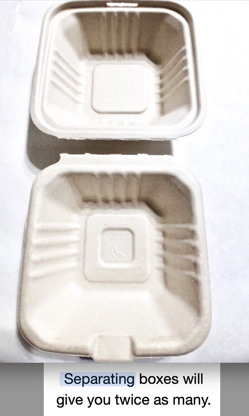 May include: Two white, square, cardboard food containers with a textured surface. The containers are stacked on top of each other. The text "Separating boxes will give you twice as many." is printed below the containers.
