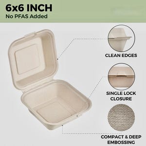 May include: A 6x6 inch square, beige, cardboard food container with a single lock closure. The container has a textured, embossed surface and clean edges. The text "6x6 INCH No PFAS Added" is printed on the container.