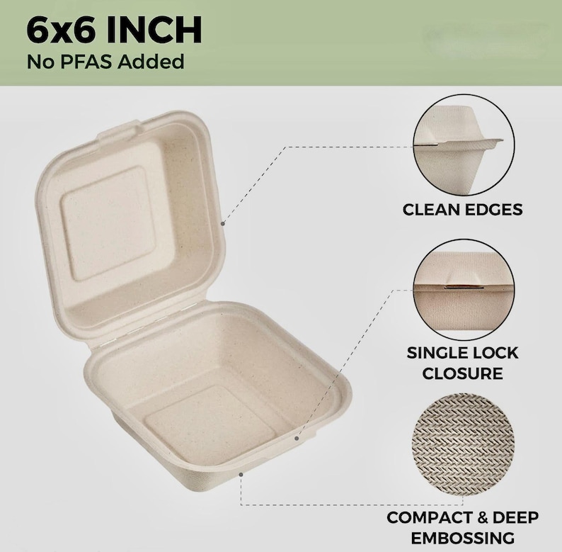 May include: A 6x6 inch square, beige, cardboard food container with a single lock closure. The container has a textured, embossed surface and clean edges. The text "6x6 INCH No PFAS Added" is printed on the container.